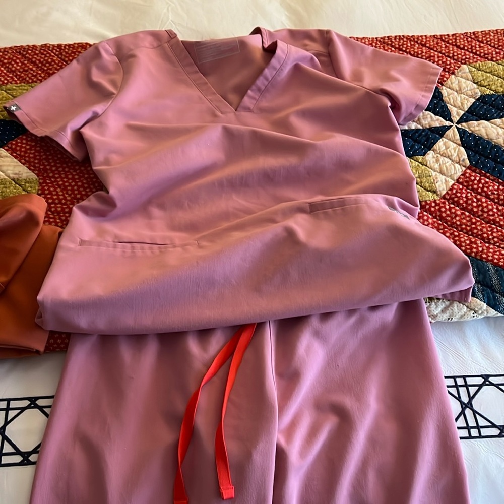 Figs Valentines Day Pink Scrub Top and Pants Set with Red Drawstring